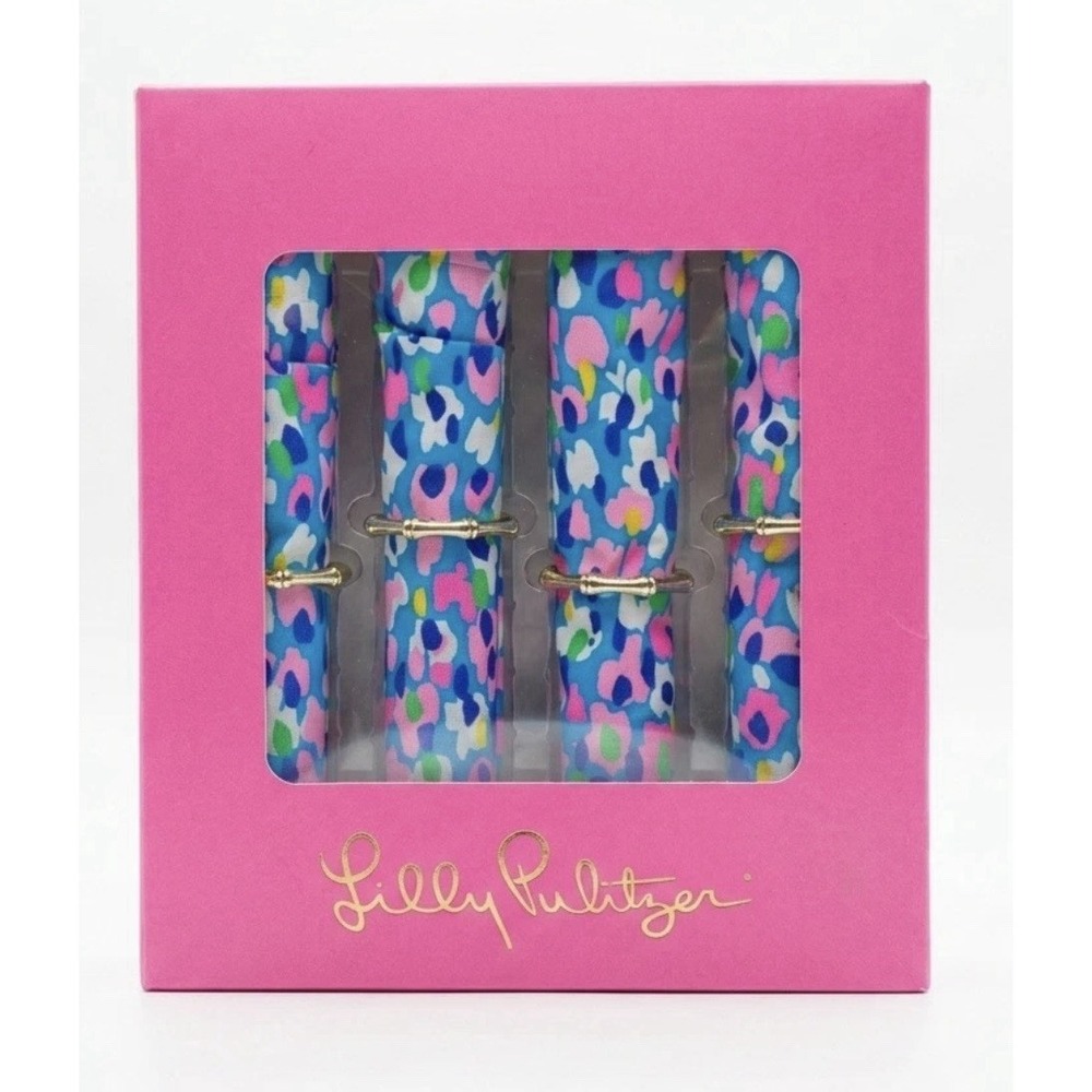 Lilly Pulitzer Hottie Dottie Napkin Set of 4 with Gold Bamboo Rings Floral Multi